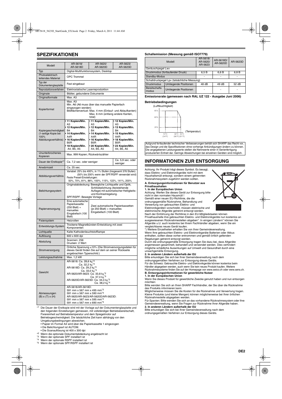 Spezifikationen, Informationen zur entsorgung | Sharp AR-5618 User Manual | Page 9 / 36