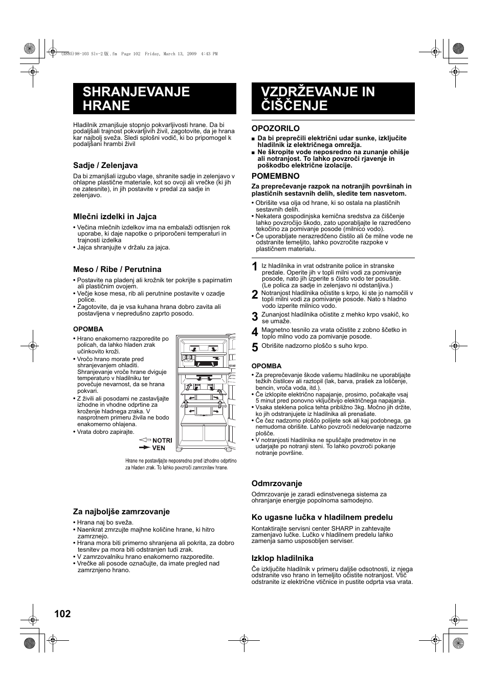 Shranjevanje hrane vzdrževanje in čiščenje | Sharp SJ-PT690RS User Manual | Page 102 / 116