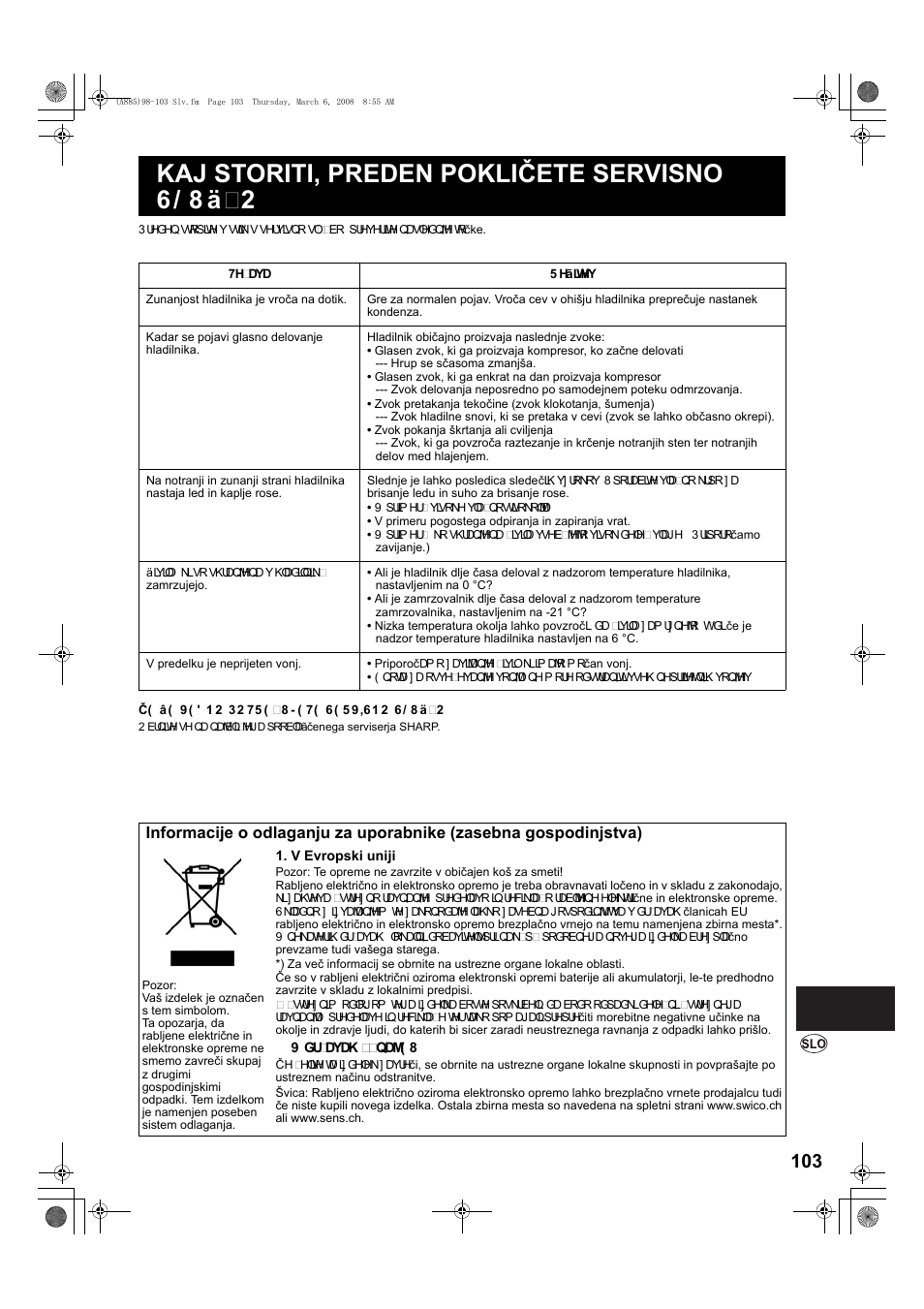 Kaj storiti, preden pokličete servisno 6/ 8 ä % 2 | Sharp SJ-PT690RS User Manual | Page 103 / 116