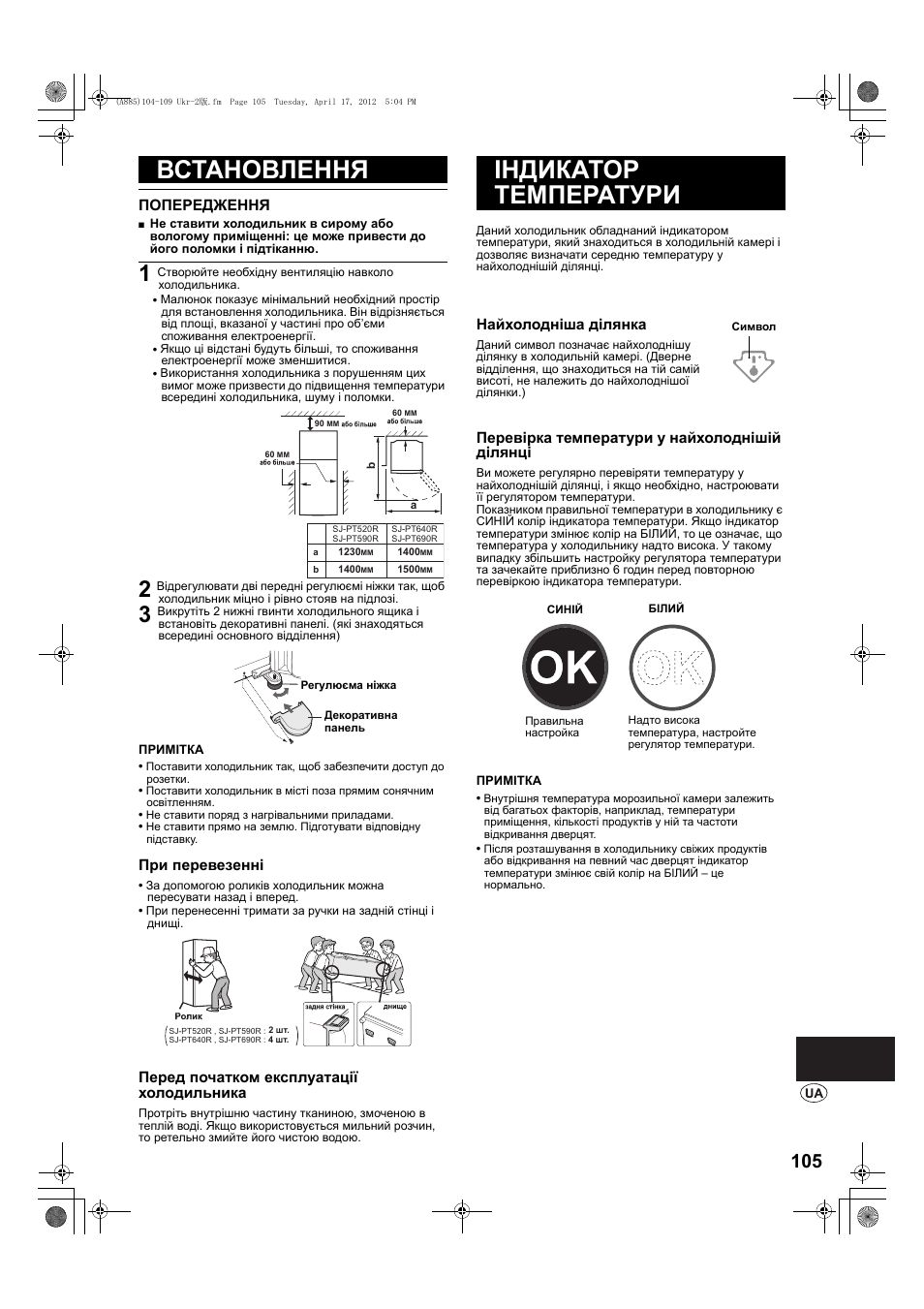 Встановлення, Індикатор температури | Sharp SJ-PT690RS User Manual | Page 105 / 116