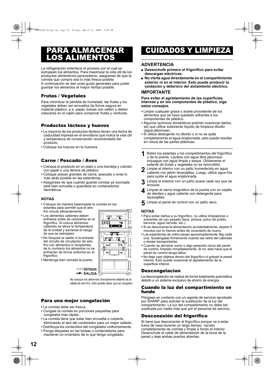 Para almacenar los alimentos cuidados y limpieza | Sharp SJ-PT690RS User Manual | Page 12 / 116