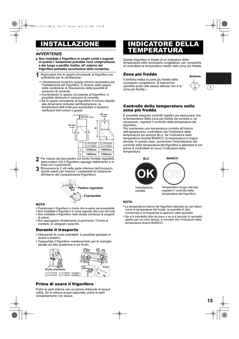 Installazione, Indicatore della temperatura | Sharp SJ-PT690RS User Manual | Page 15 / 116