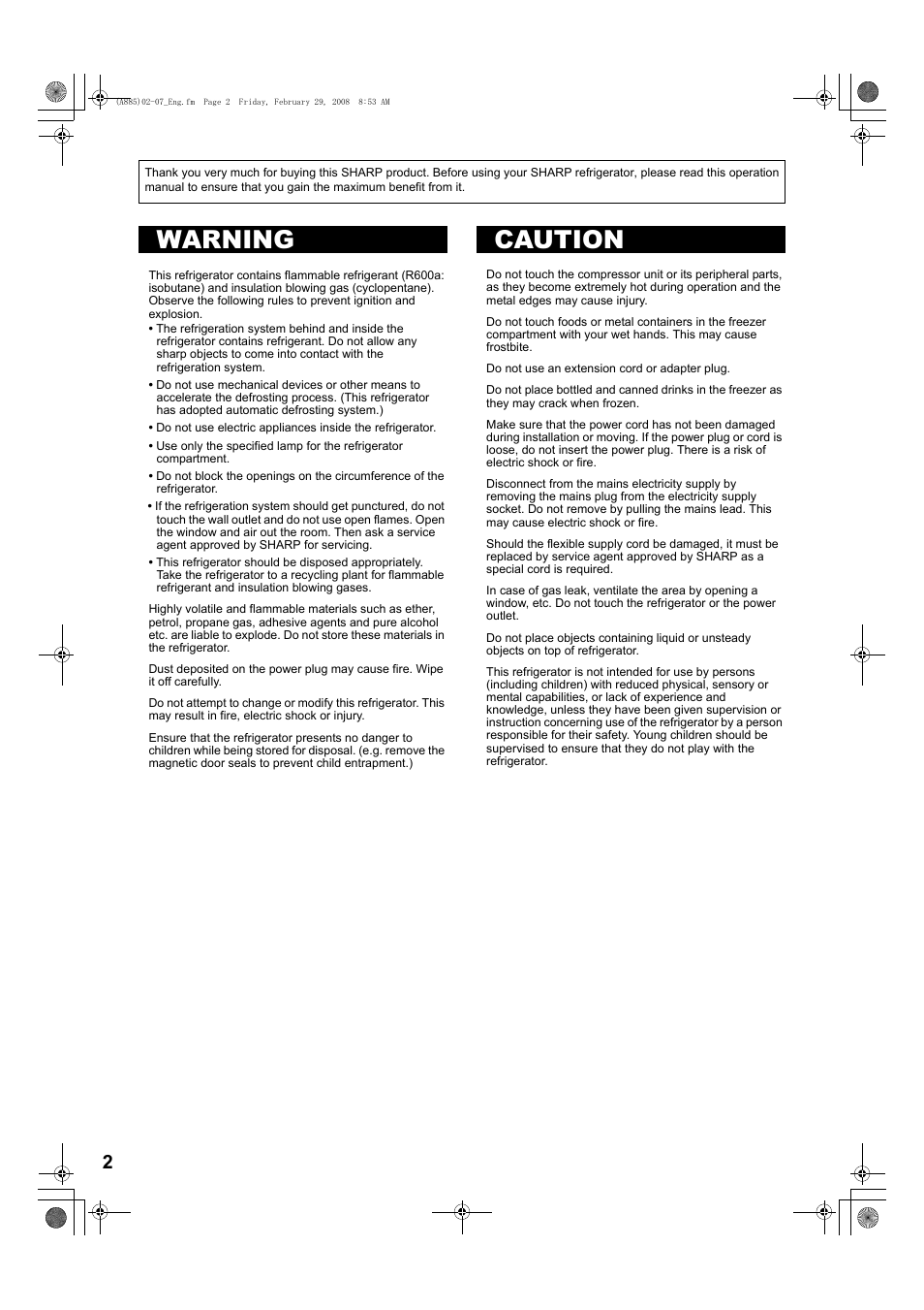 A885)02-07_eng-2版, Warning caution | Sharp SJ-PT690RS User Manual | Page 2 / 116