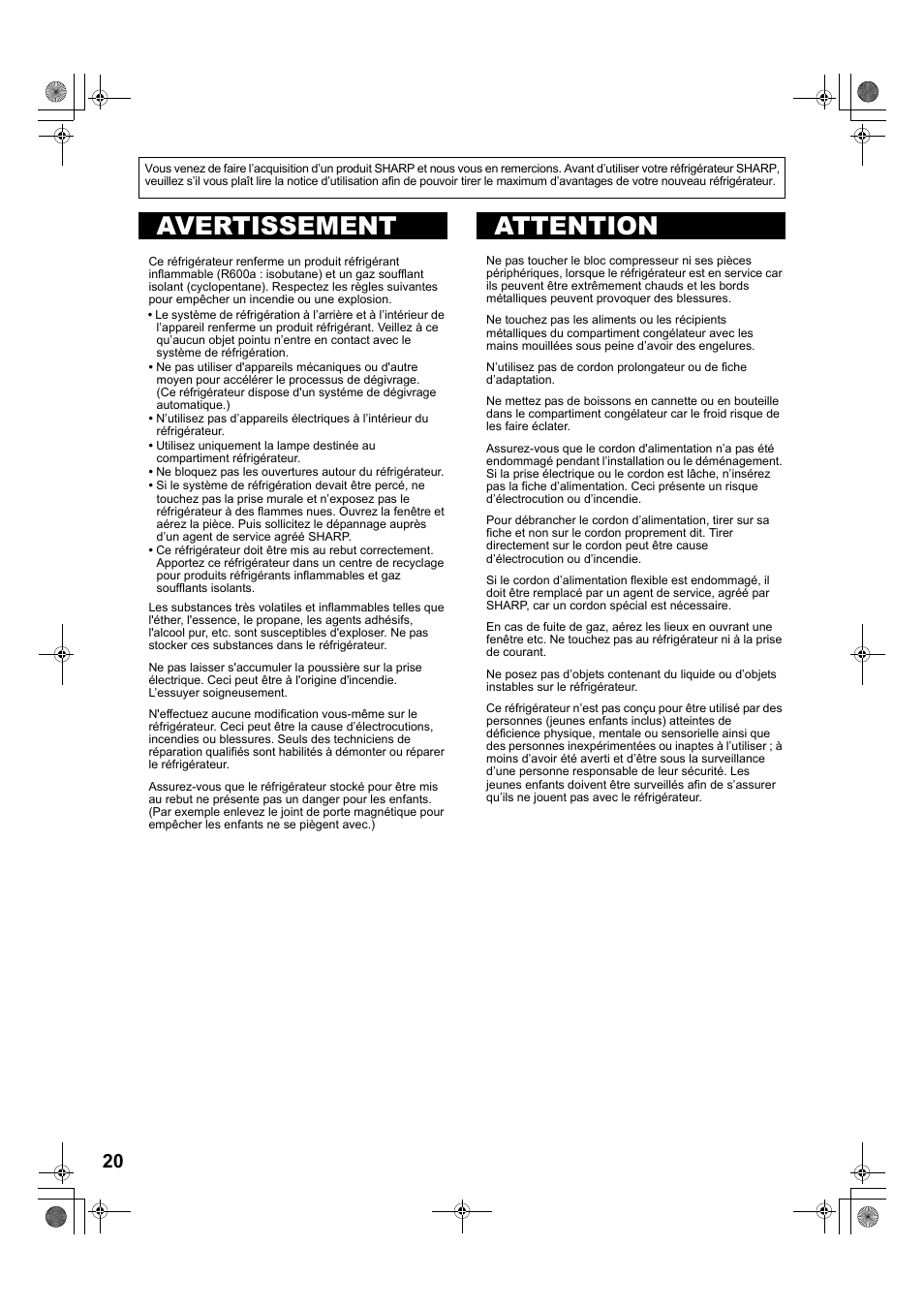 A885)20-25 fra-2版, Avertissement attention | Sharp SJ-PT690RS User Manual | Page 20 / 116