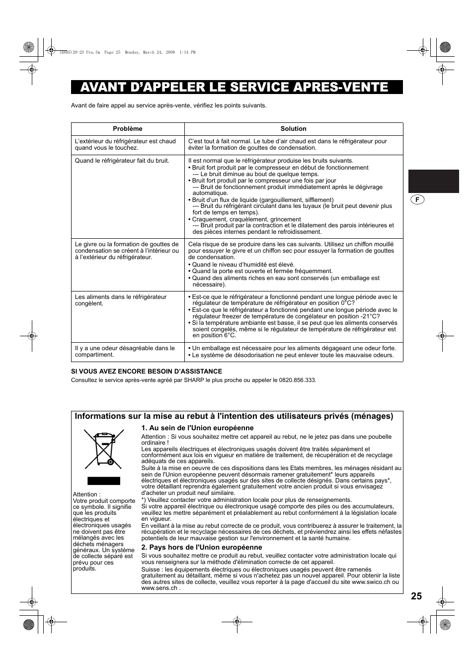 Avant d’appeler le service apres-vente | Sharp SJ-PT690RS User Manual | Page 25 / 116