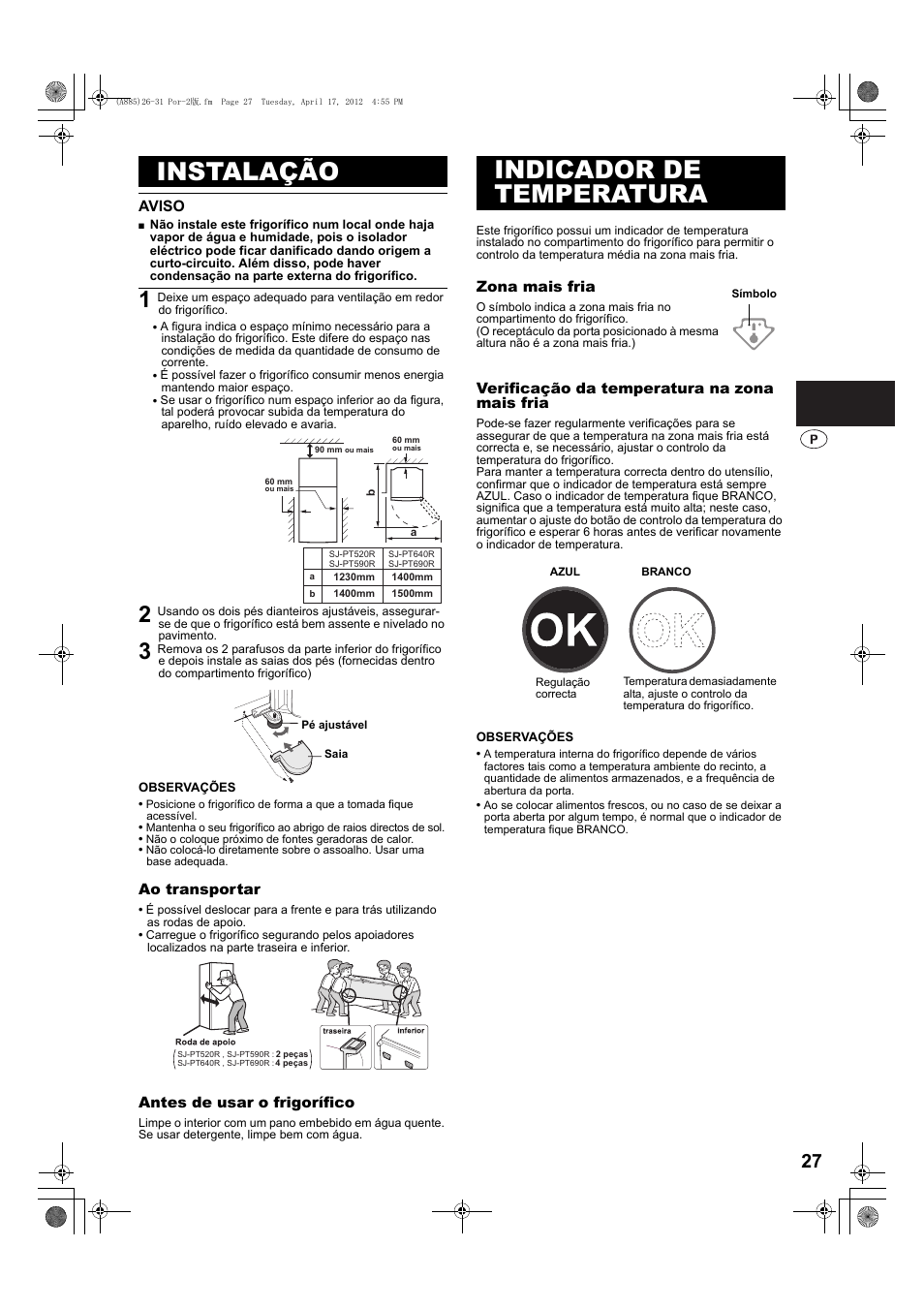 Instalação, Indicador de temperatura | Sharp SJ-PT690RS User Manual | Page 27 / 116