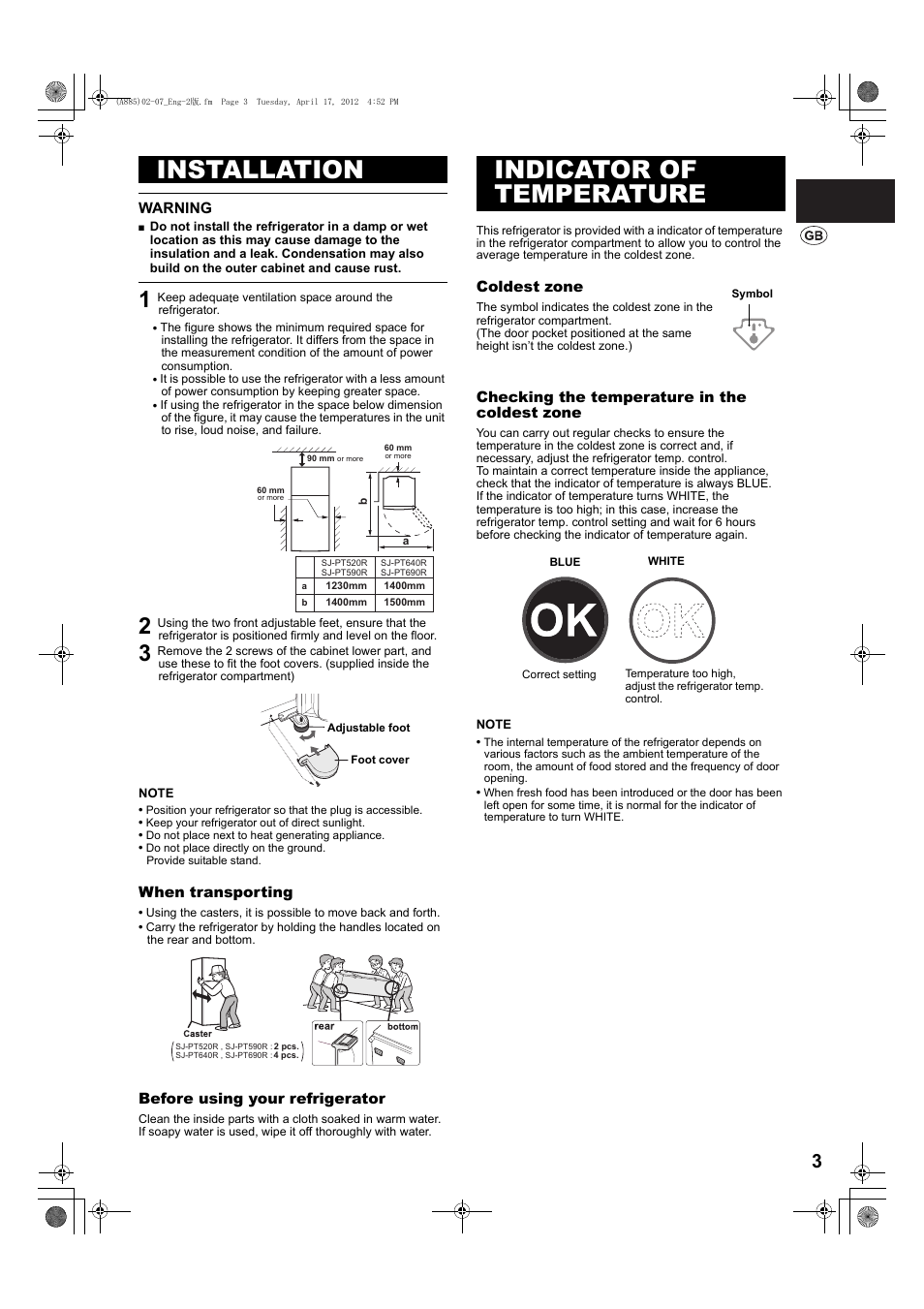 Installation, Indicator of temperature | Sharp SJ-PT690RS User Manual | Page 3 / 116