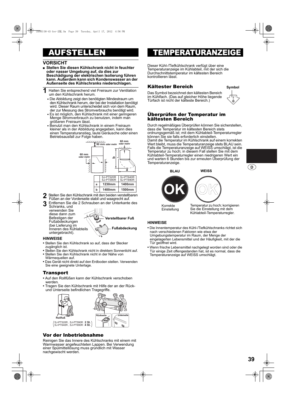 Aufstellen, Temperaturanzeige | Sharp SJ-PT690RS User Manual | Page 39 / 116