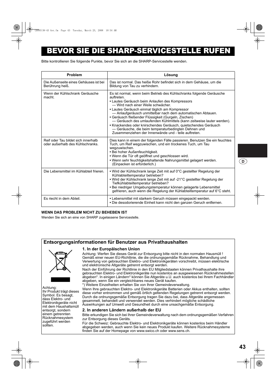 Bevor sie die sharp-servicestelle rufen | Sharp SJ-PT690RS User Manual | Page 43 / 116