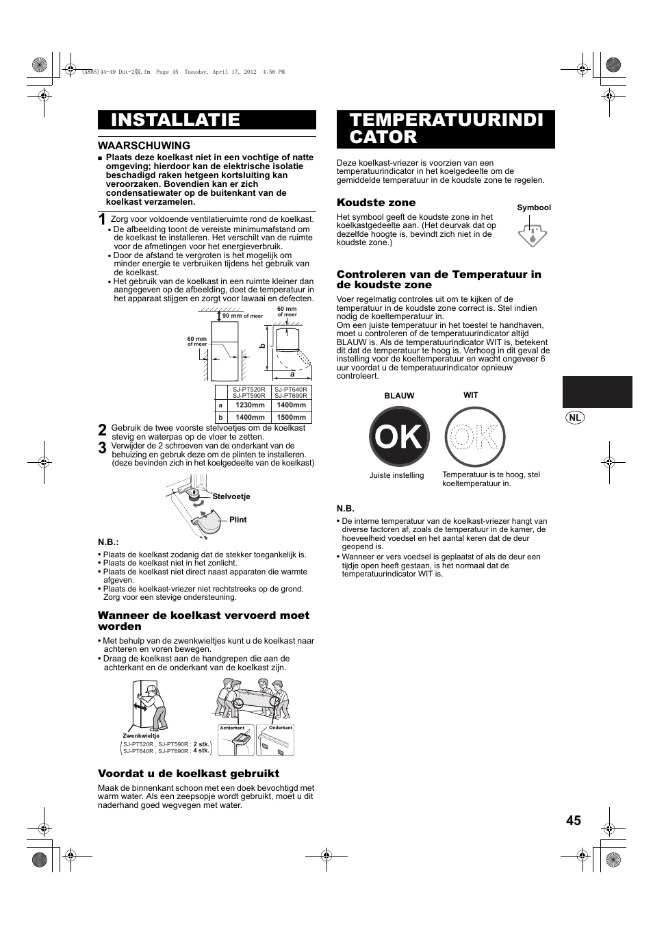 Installatie, Temperatuurindi cator | Sharp SJ-PT690RS User Manual | Page 45 / 116