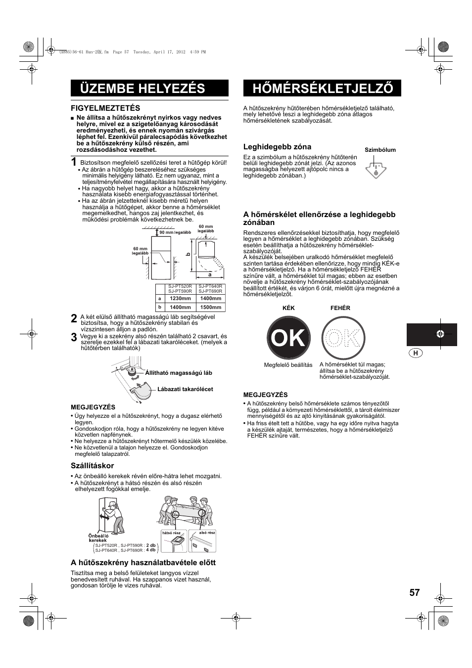 Üzembe helyezés, Hőmérsékletjelző | Sharp SJ-PT690RS User Manual | Page 57 / 116