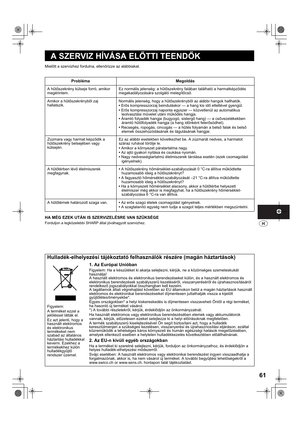 A szerviz hívása előtti teendők | Sharp SJ-PT690RS User Manual | Page 61 / 116