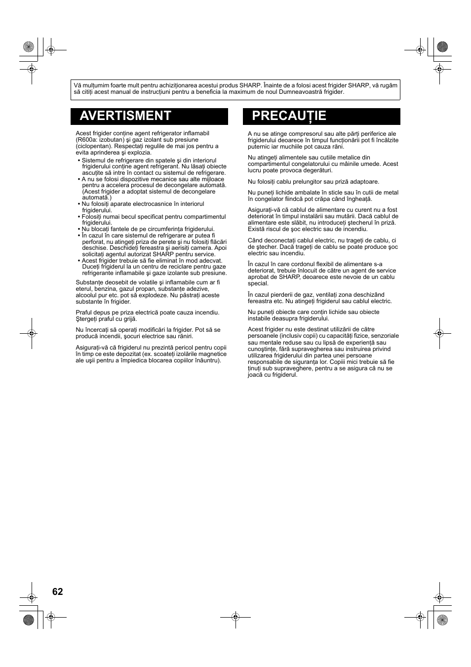 A885)62-67 rum-2版, Avertisment precauţie | Sharp SJ-PT690RS User Manual | Page 62 / 116