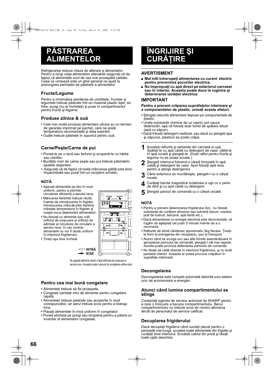 Păstrarea alimentelor îngrijire şi curăţire | Sharp SJ-PT690RS User Manual | Page 66 / 116