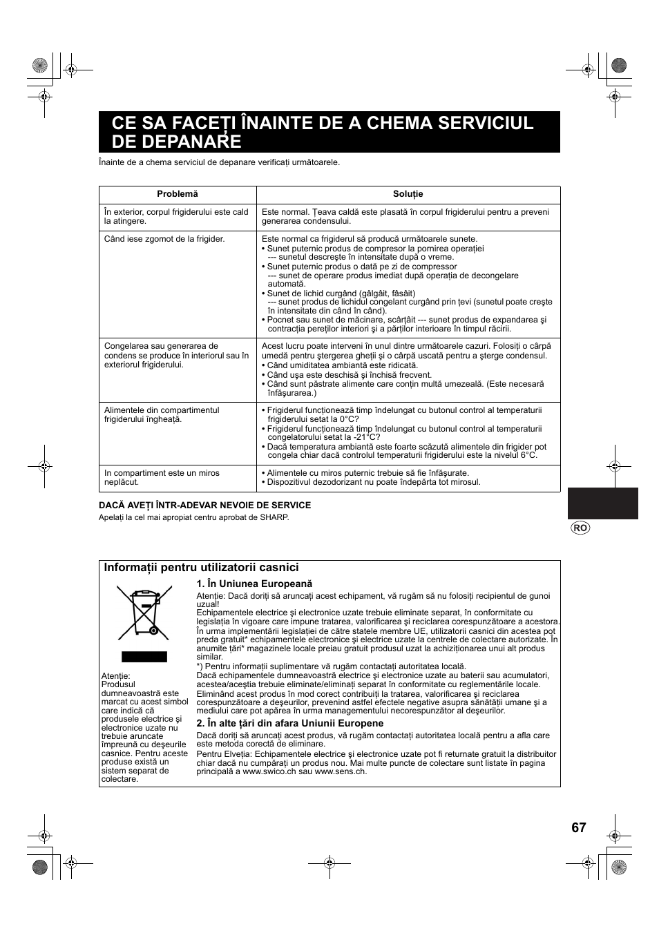 Informaţii pentru utilizatorii casnici | Sharp SJ-PT690RS User Manual | Page 67 / 116