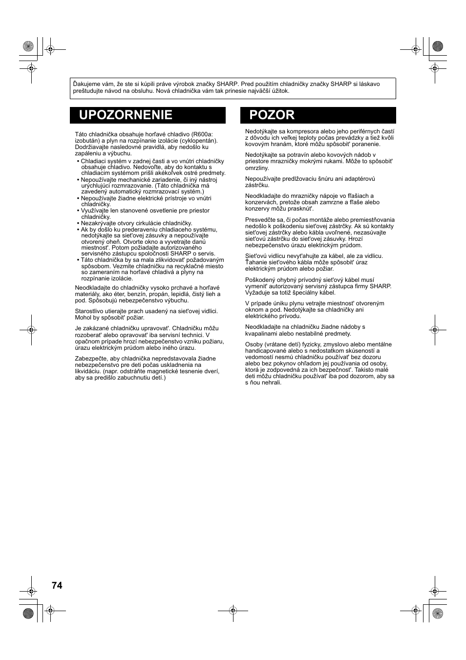 A885)74-79 slo-2版, Upozornenie pozor | Sharp SJ-PT690RS User Manual | Page 74 / 116