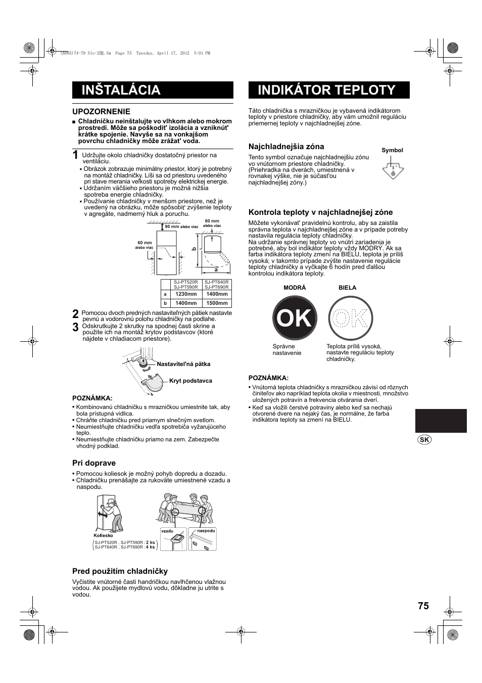 Inštalácia, Indikátor teploty | Sharp SJ-PT690RS User Manual | Page 75 / 116