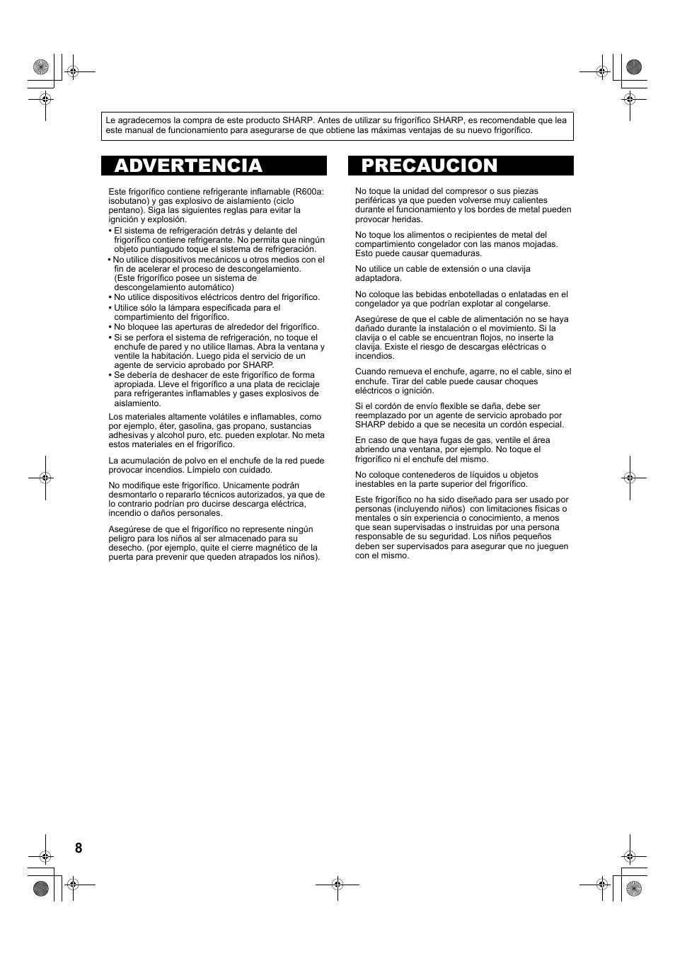 A885)08-13_spa-2版, Advertencia precaucion | Sharp SJ-PT690RS User Manual | Page 8 / 116