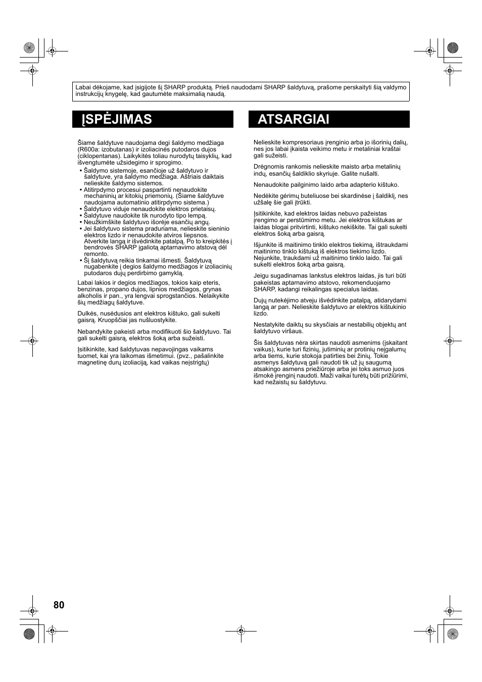 A885)80-85 lit-2版, Įspėjimas atsargiai | Sharp SJ-PT690RS User Manual | Page 80 / 116