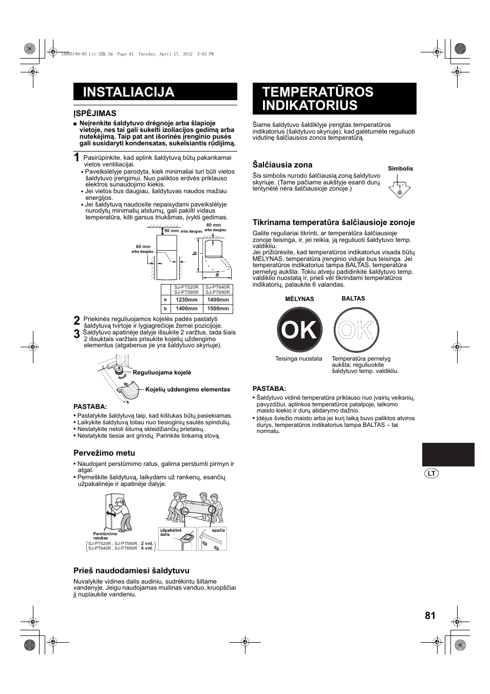 Instaliacija, Temperatūros indikatorius | Sharp SJ-PT690RS User Manual | Page 81 / 116