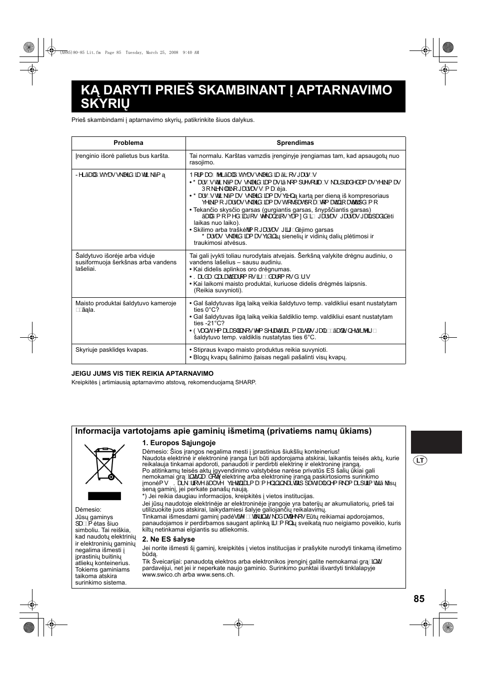 Ką daryti prieš skambinant į aptarnavimo skyrių | Sharp SJ-PT690RS User Manual | Page 85 / 116