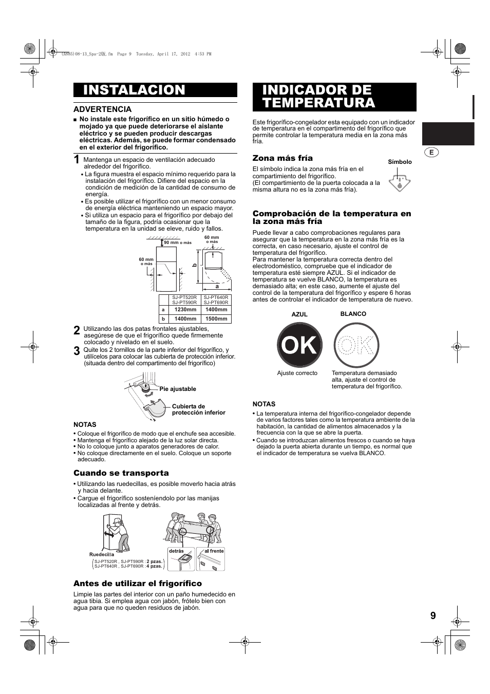 Instalacion, Indicador de temperatura | Sharp SJ-PT690RS User Manual | Page 9 / 116