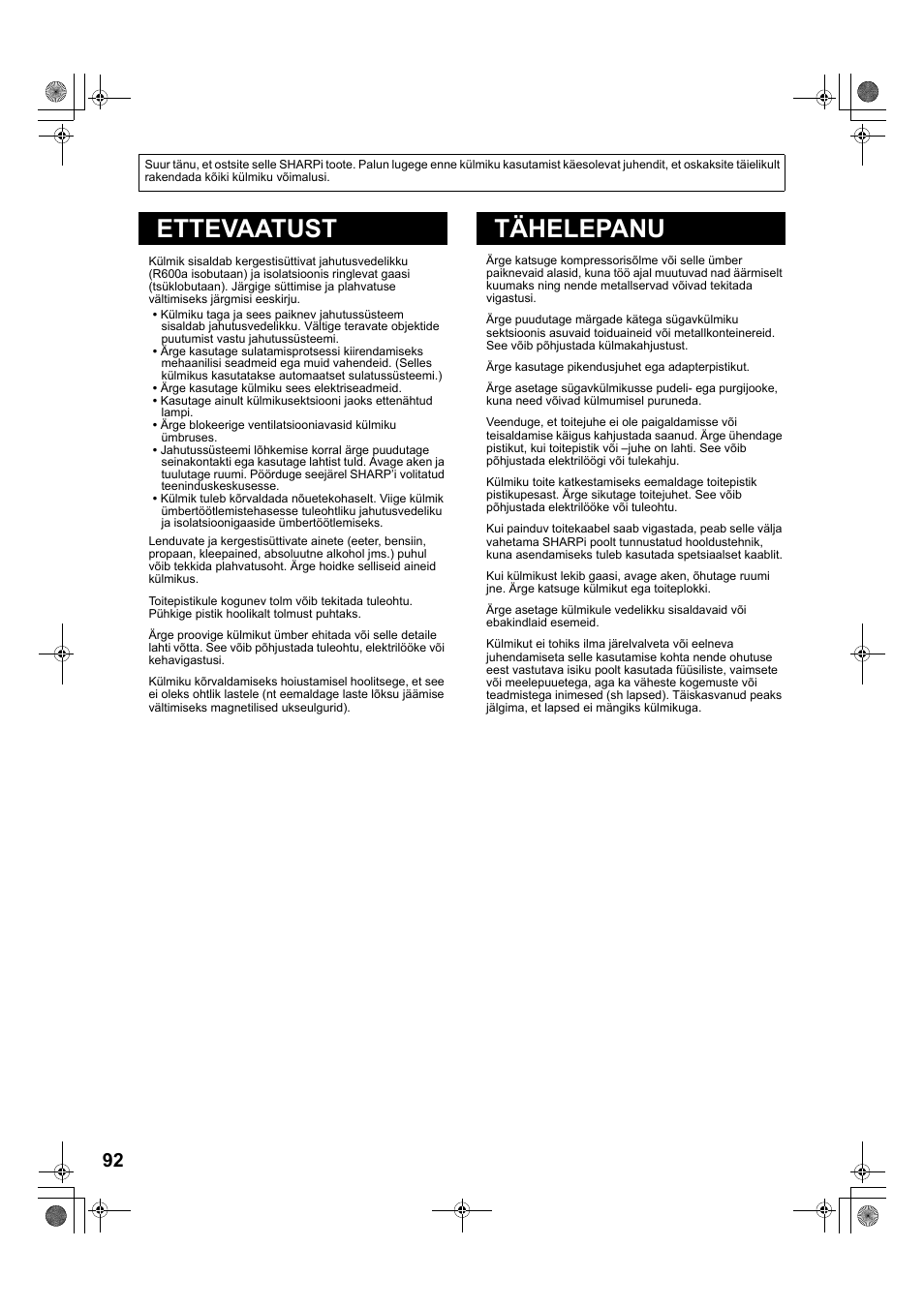 A885)92-97 est-2版, Ettevaatust tähelepanu | Sharp SJ-PT690RS User Manual | Page 92 / 116