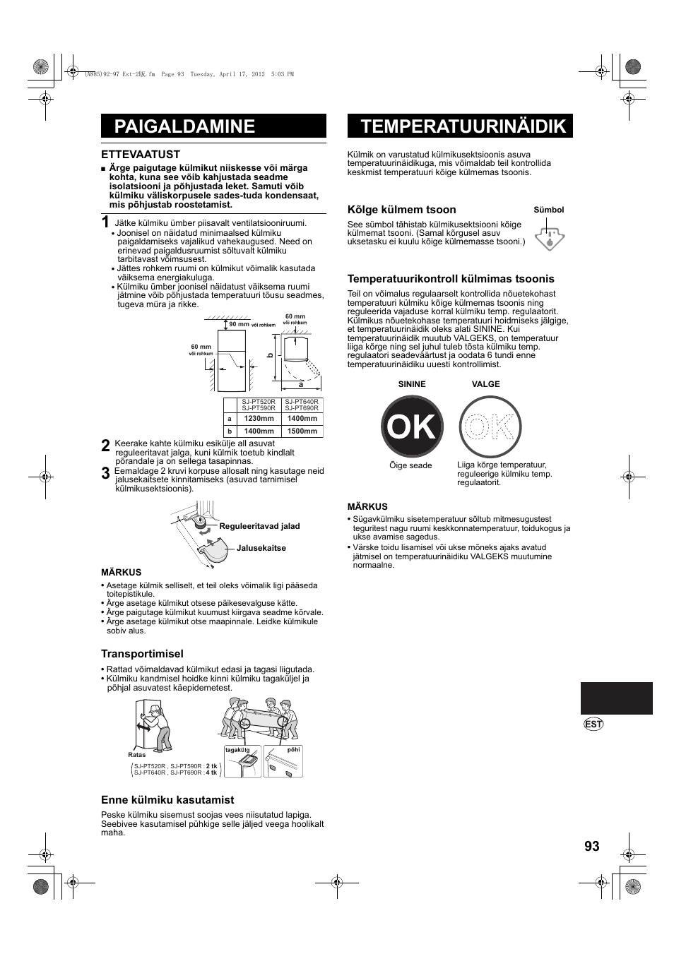 Paigaldamine, Temperatuurinäidik | Sharp SJ-PT690RS User Manual | Page 93 / 116