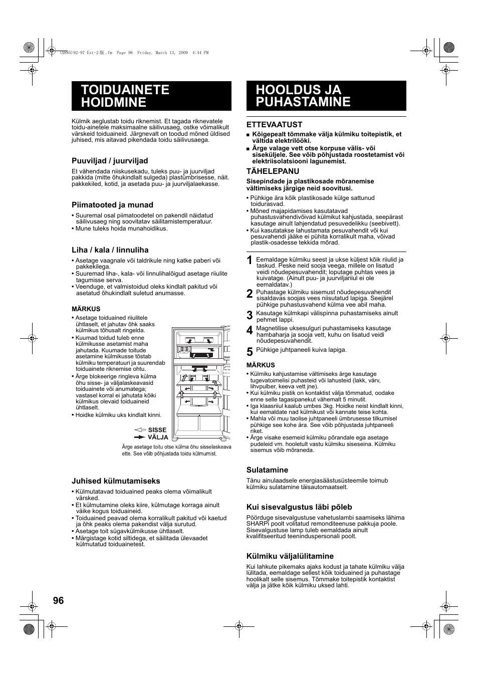 Toiduainete hoidmine hooldus ja puhastamine | Sharp SJ-PT690RS User Manual | Page 96 / 116