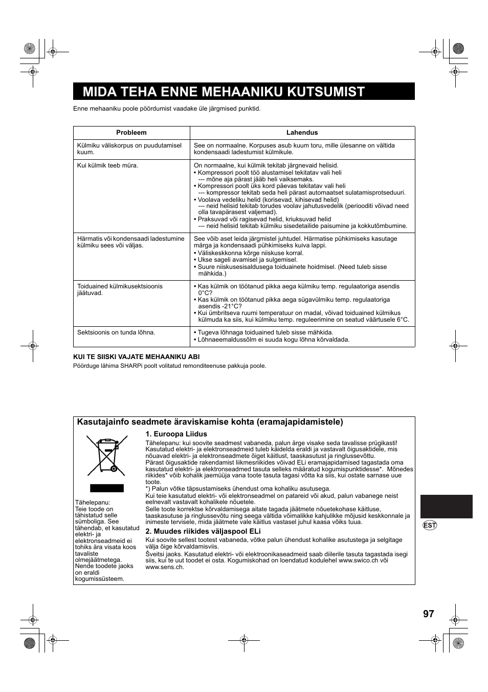 Mida teha enne mehaaniku kutsumist | Sharp SJ-PT690RS User Manual | Page 97 / 116