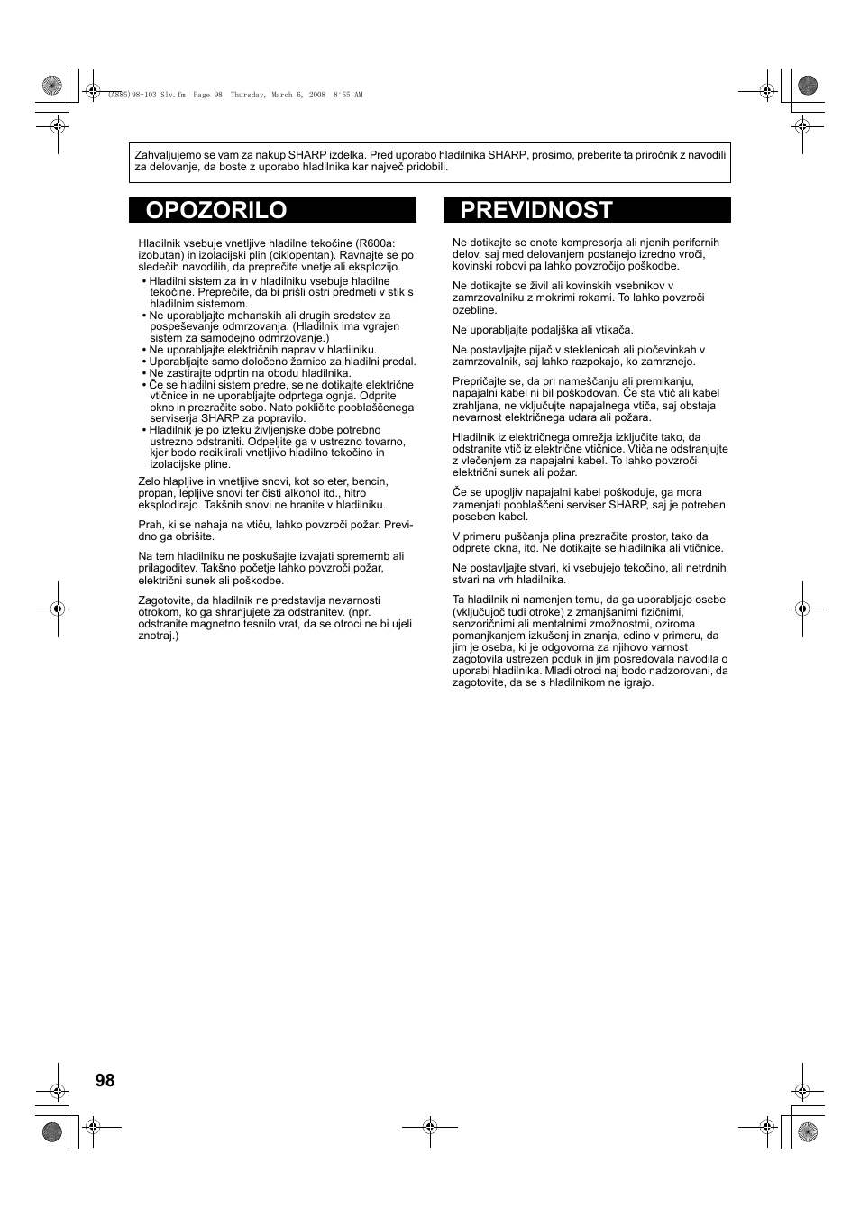 A885)98-103 slv-2版, Opozorilo previdnost | Sharp SJ-PT690RS User Manual | Page 98 / 116