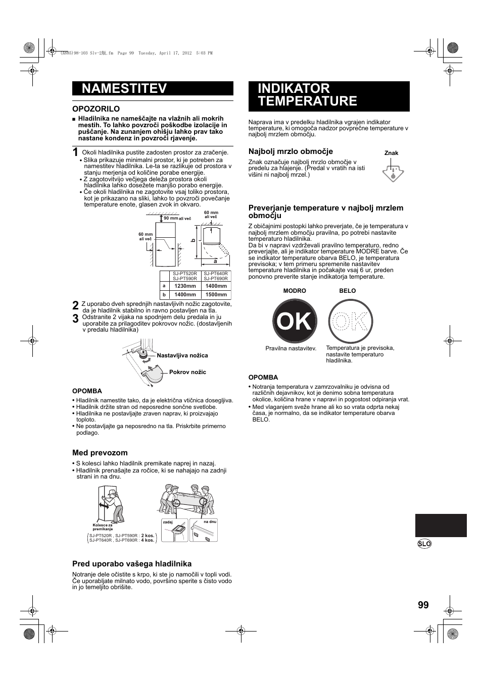 Namestitev, Indikator temperature | Sharp SJ-PT690RS User Manual | Page 99 / 116