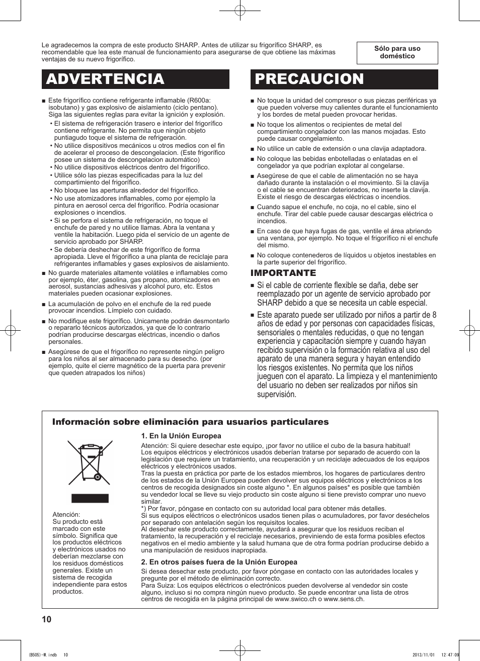 Advertencia precaucion | Sharp SJ-SC700VSL User Manual | Page 10 / 124