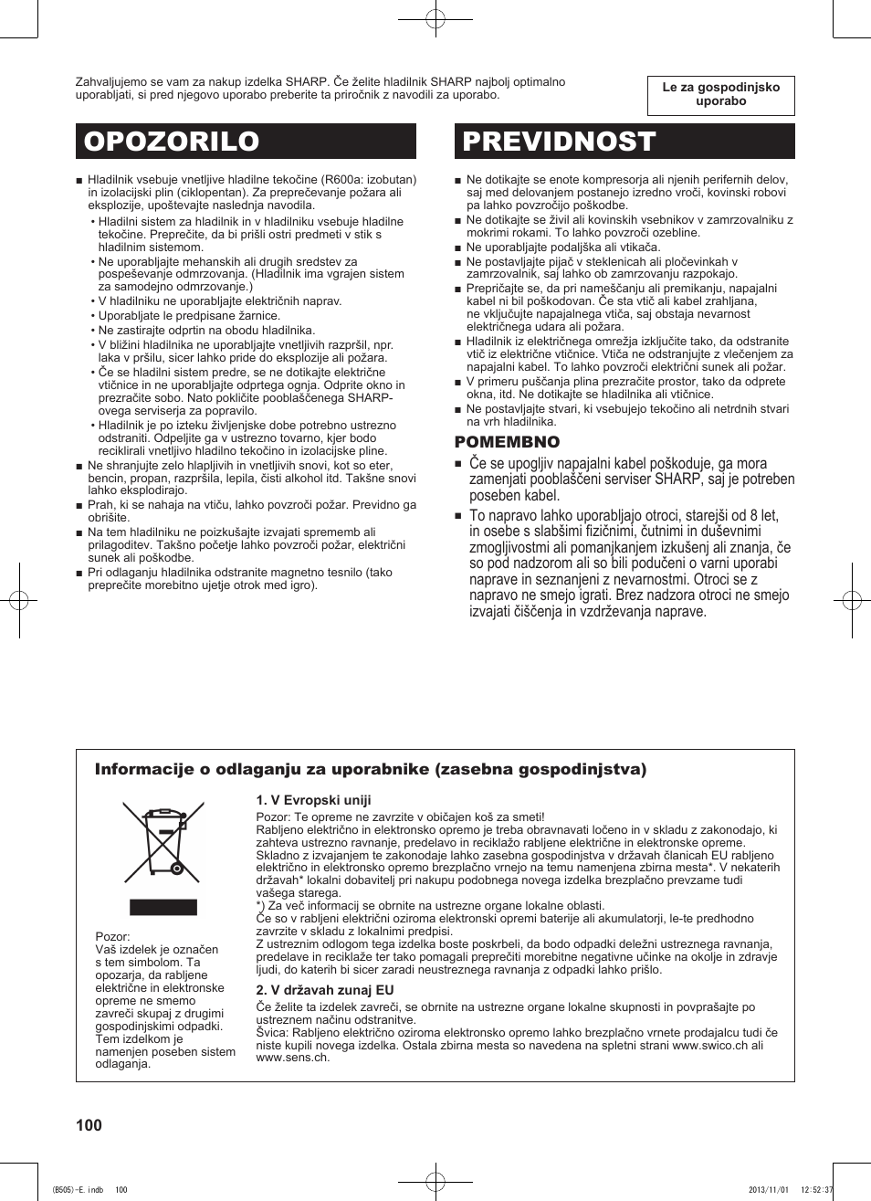 Opozorilo previdnost | Sharp SJ-SC700VSL User Manual | Page 100 / 124