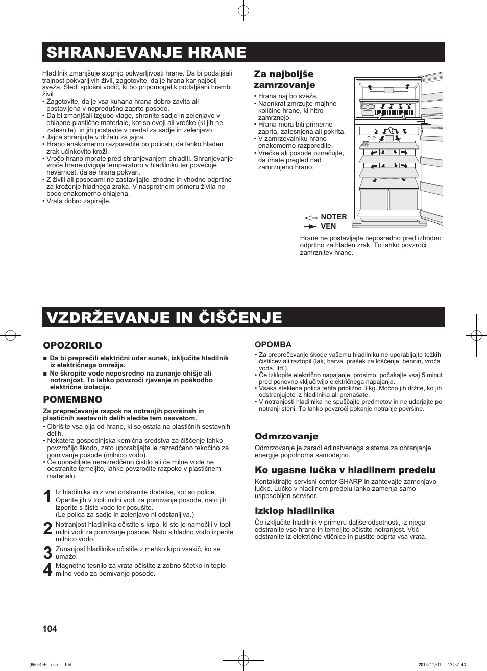 Shranjevanje hrane, Vzdrževanje in čiščenje | Sharp SJ-SC700VSL User Manual | Page 104 / 124