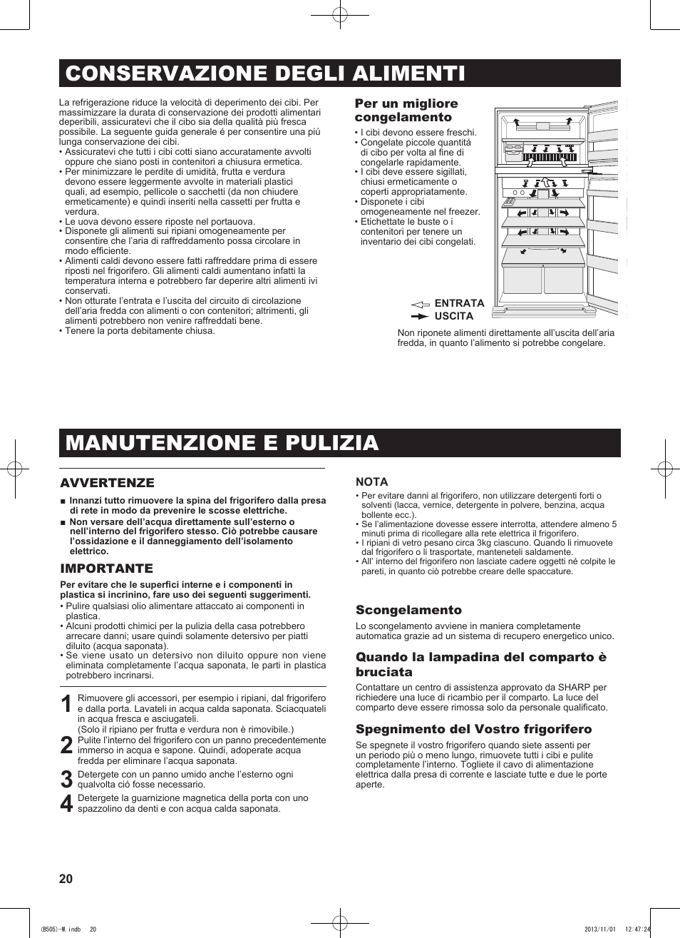 Conservazione degli alimenti, Manutenzione e pulizia | Sharp SJ-SC700VSL User Manual | Page 20 / 124