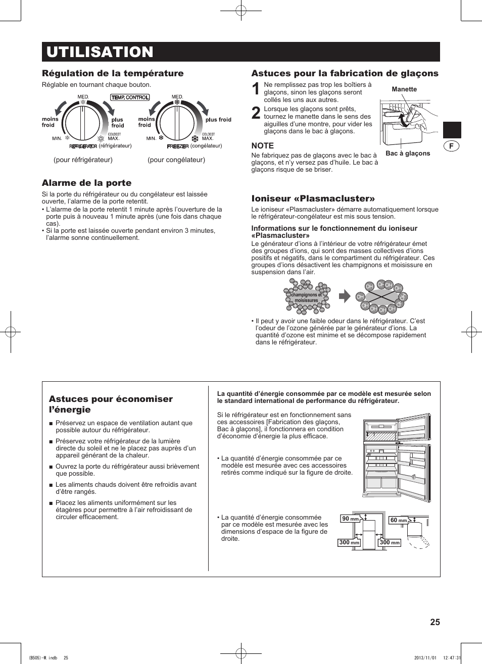 Utilisation, Régulation de la température, Alarme de la porte | Astuces pour la fabrication de glaçons, Ioniseur «plasmacluster, Astuces pour économiser l’énergie | Sharp SJ-SC700VSL User Manual | Page 25 / 124