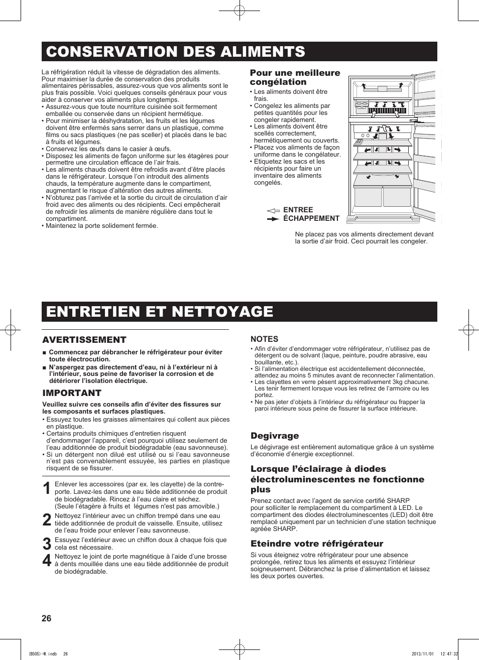 Conservation des aliments, Entretien et nettoyage | Sharp SJ-SC700VSL User Manual | Page 26 / 124