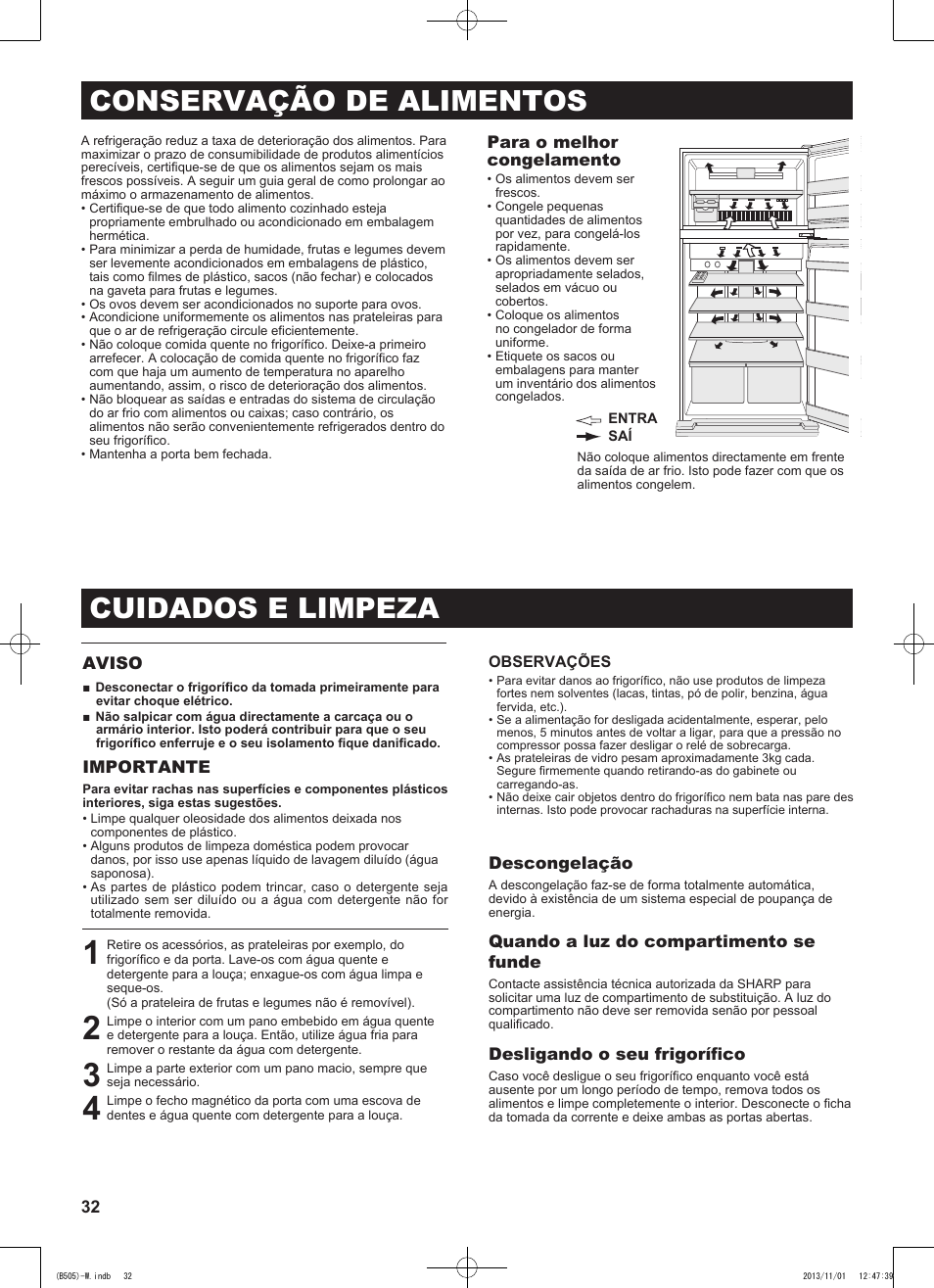 Conservação de alimentos, Cuidados e limpeza | Sharp SJ-SC700VSL User Manual | Page 32 / 124