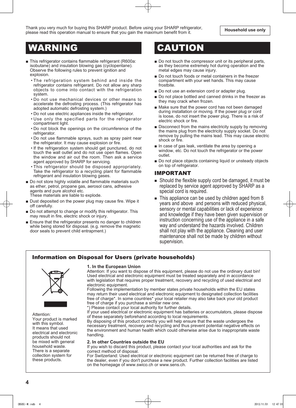 Warning caution | Sharp SJ-SC700VSL User Manual | Page 4 / 124