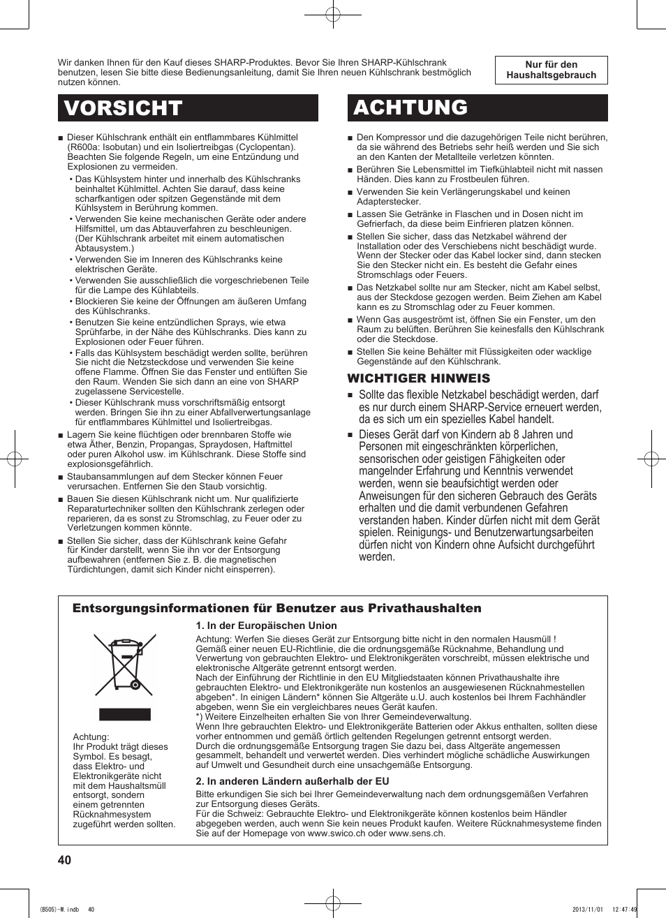 Vorsicht achtung | Sharp SJ-SC700VSL User Manual | Page 40 / 124