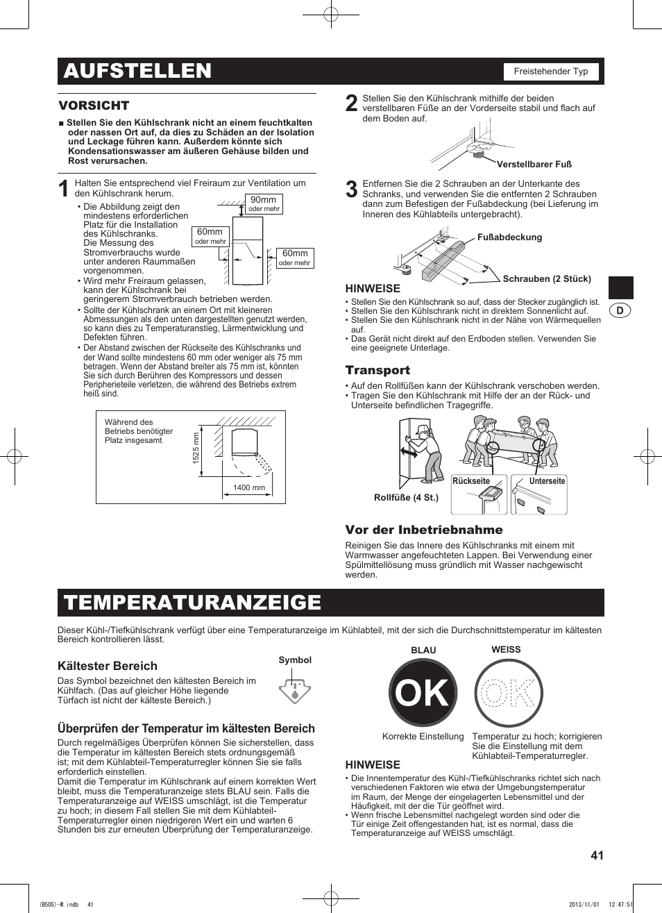 Aufstellen, Temperaturanzeige | Sharp SJ-SC700VSL User Manual | Page 41 / 124