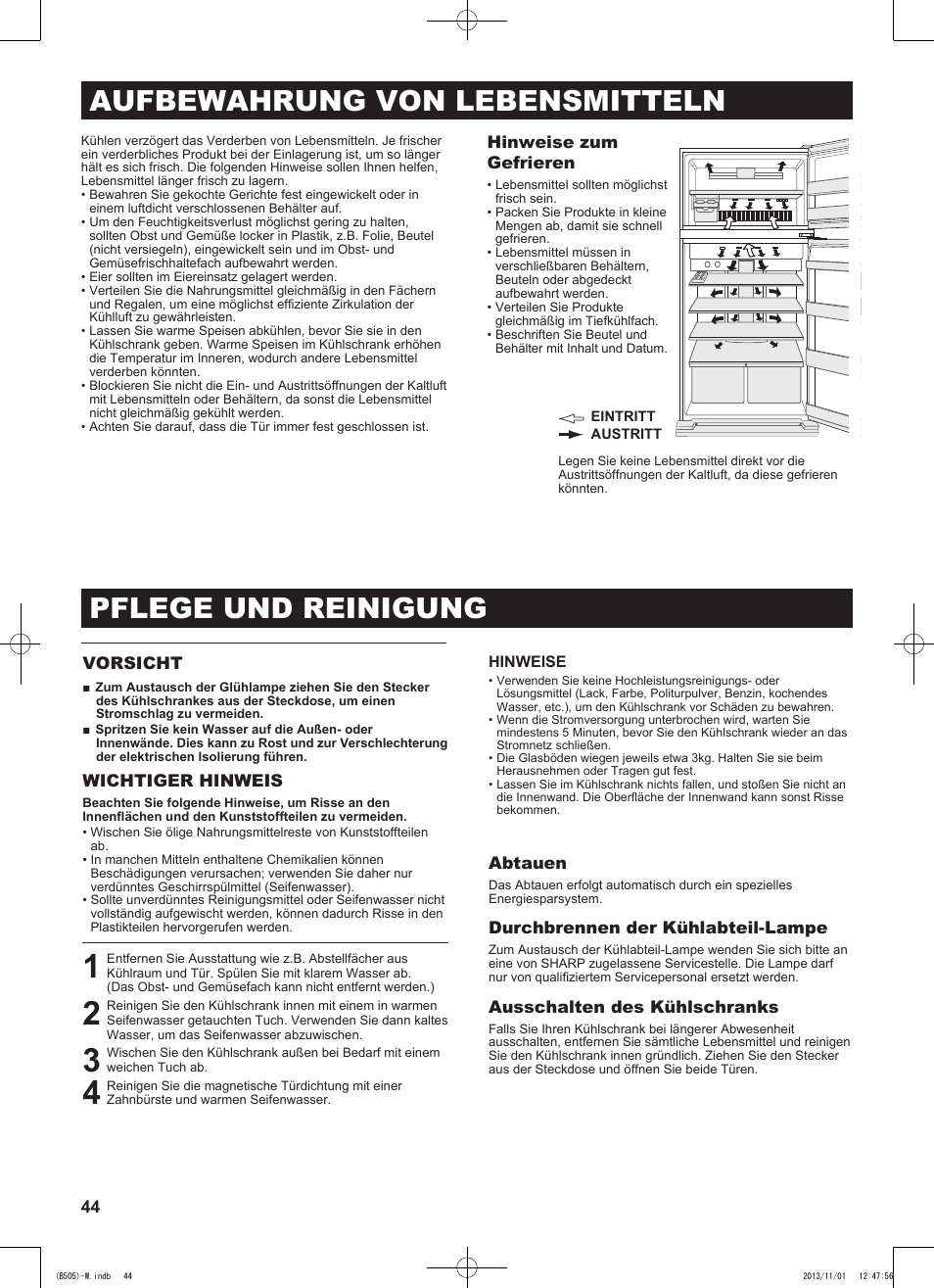 Aufbewahrung von lebensmitteln, Pflege und reinigung | Sharp SJ-SC700VSL User Manual | Page 44 / 124