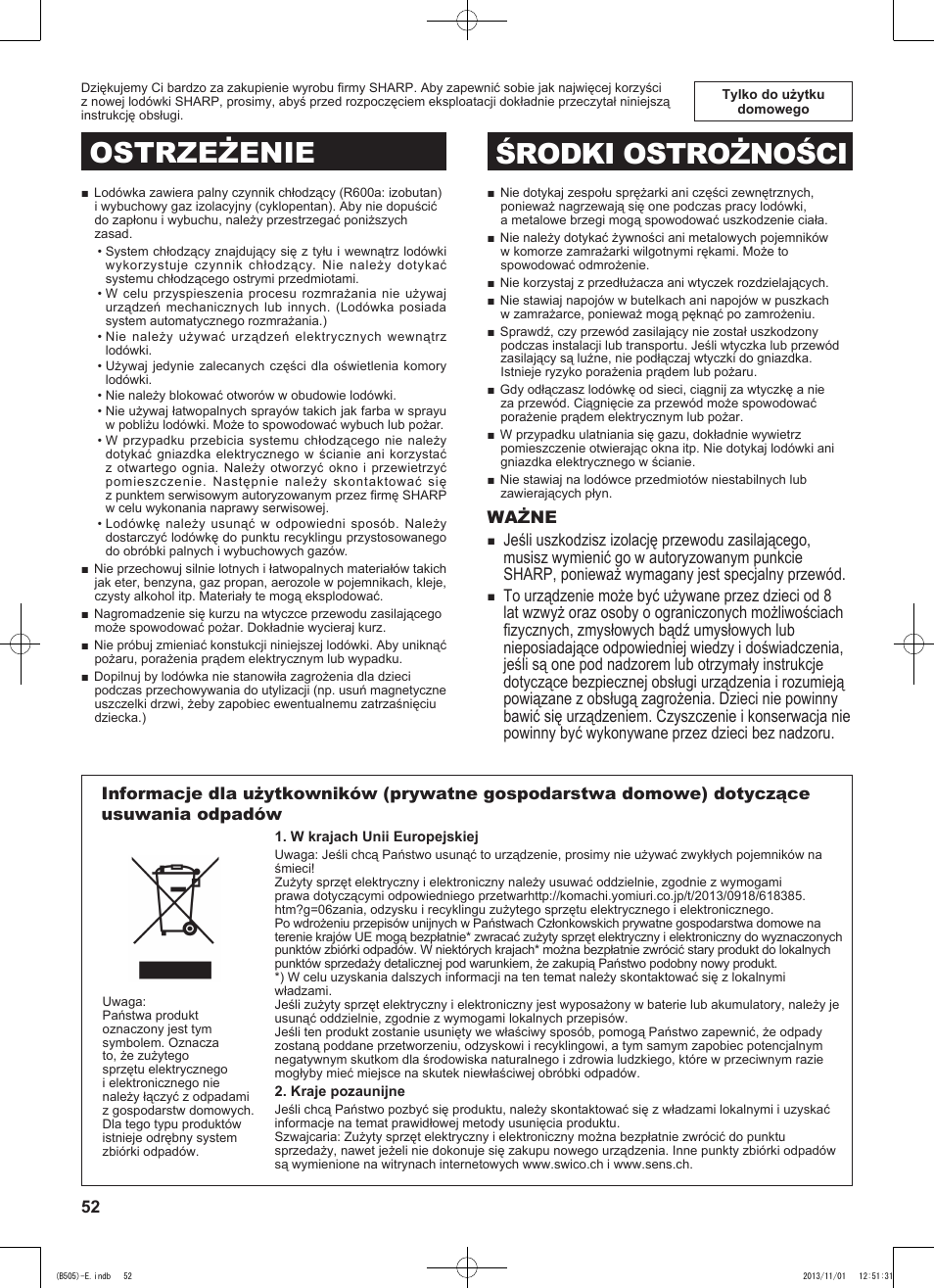 Ostrzeżenie środki ostrożności | Sharp SJ-SC700VSL User Manual | Page 52 / 124