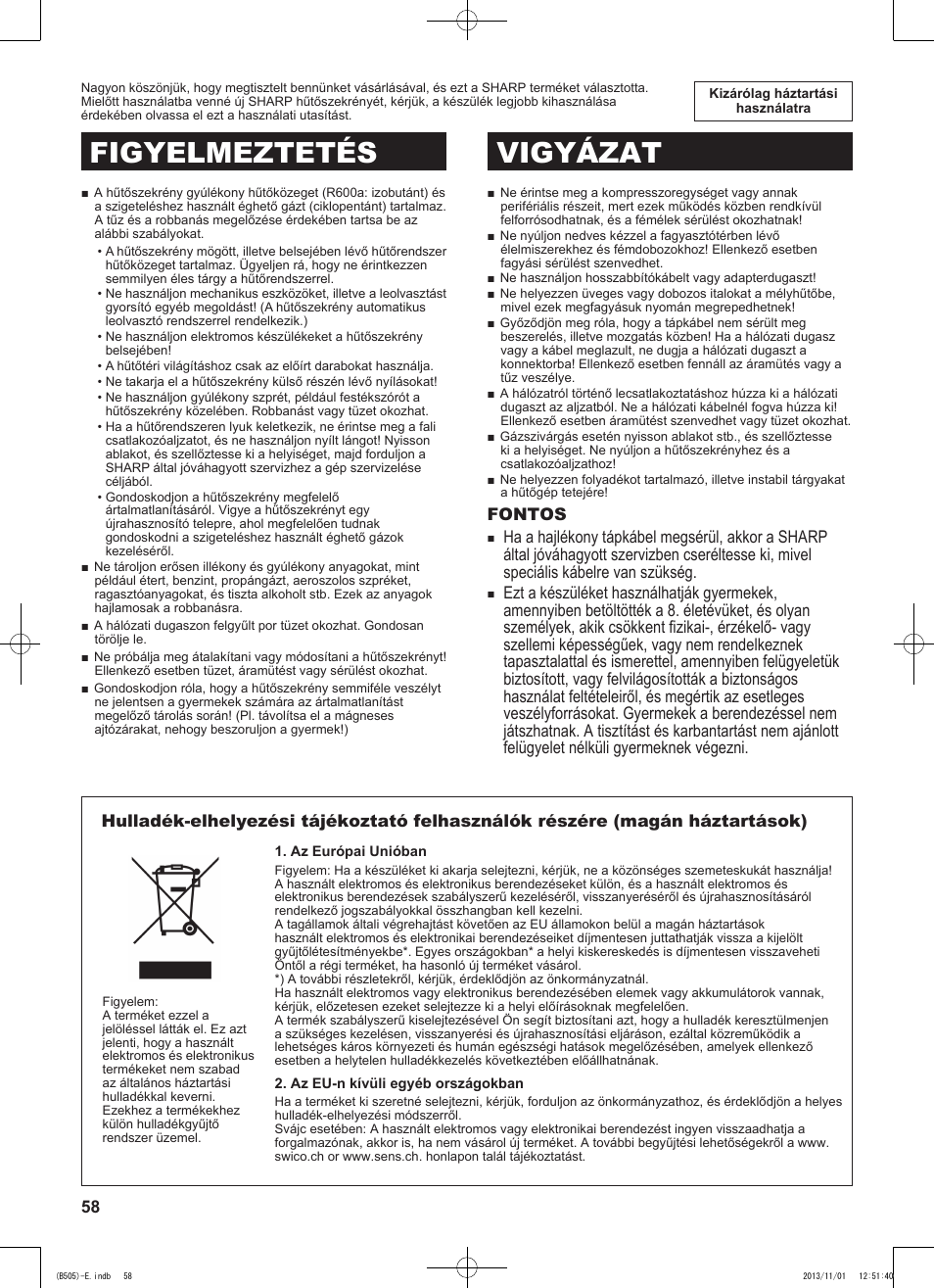 Figyelmeztetés vigyázat | Sharp SJ-SC700VSL User Manual | Page 58 / 124