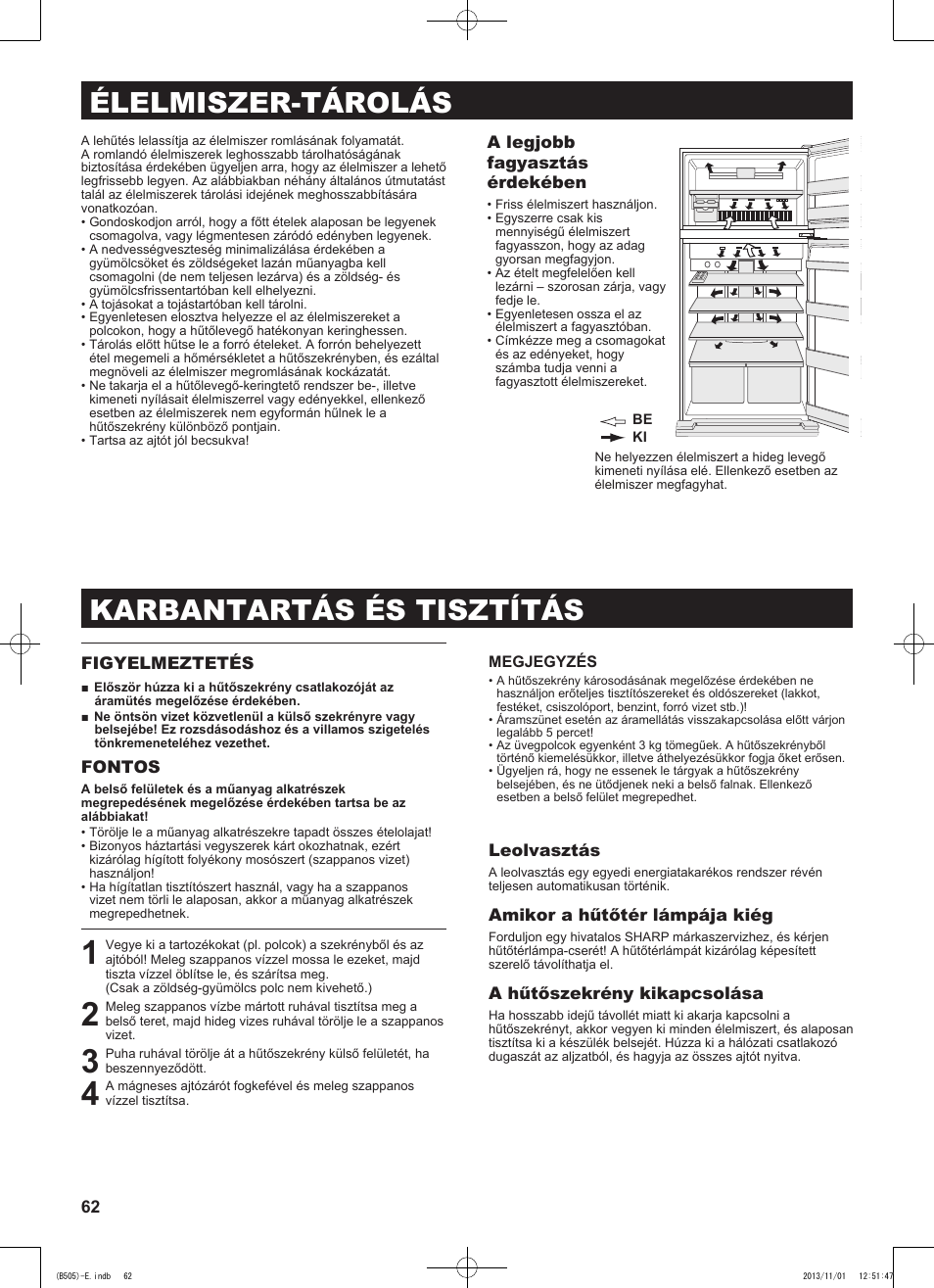 Élelmiszer-tárolás, Karbantartás és tisztítás | Sharp SJ-SC700VSL User Manual | Page 62 / 124