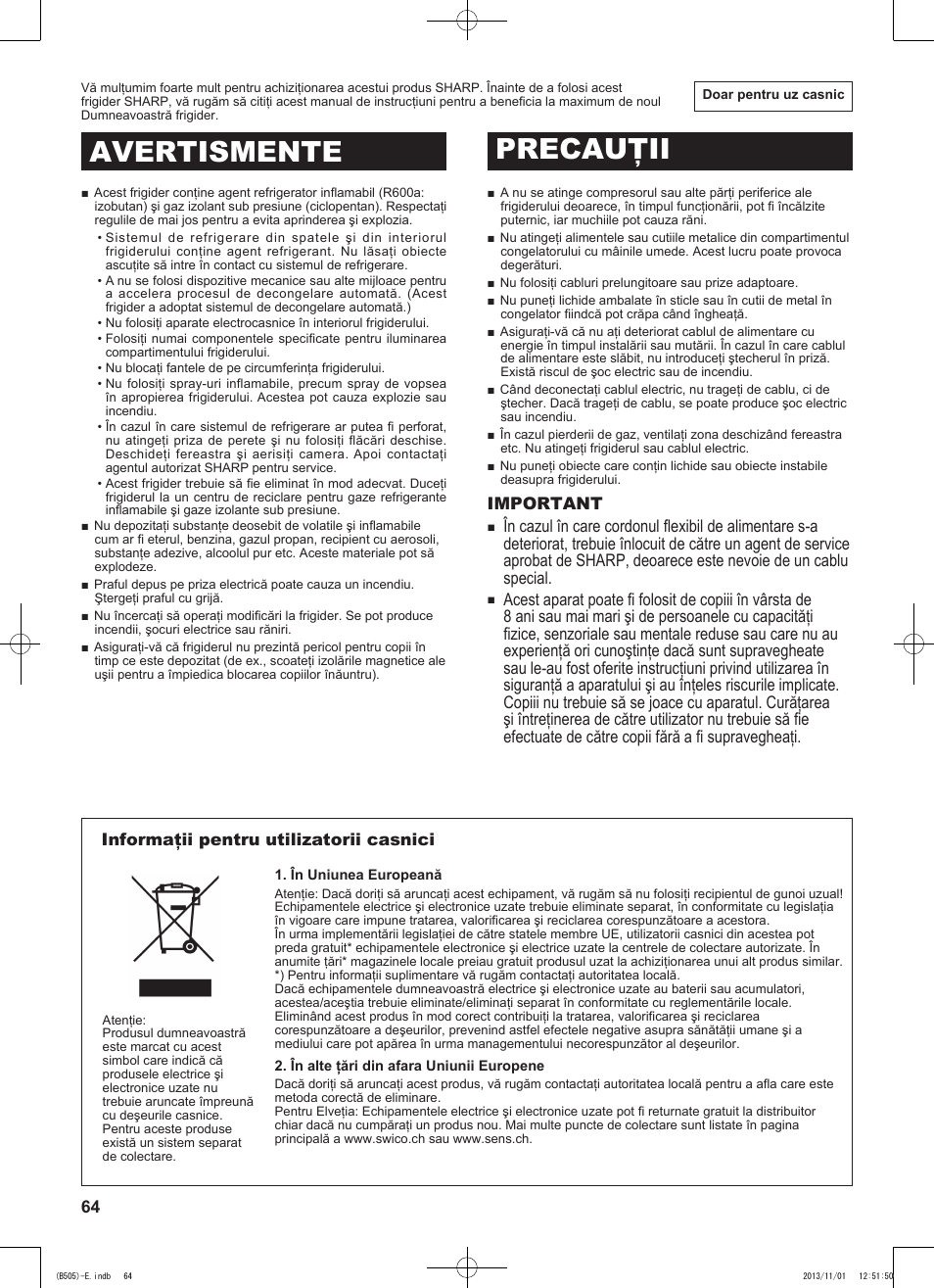 Avertismente precauţii | Sharp SJ-SC700VSL User Manual | Page 64 / 124