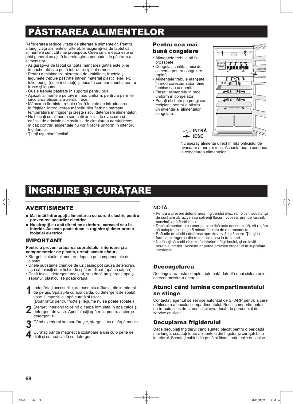 Păstrarea alimentelor, Îngrijire şi curăţare | Sharp SJ-SC700VSL User Manual | Page 68 / 124