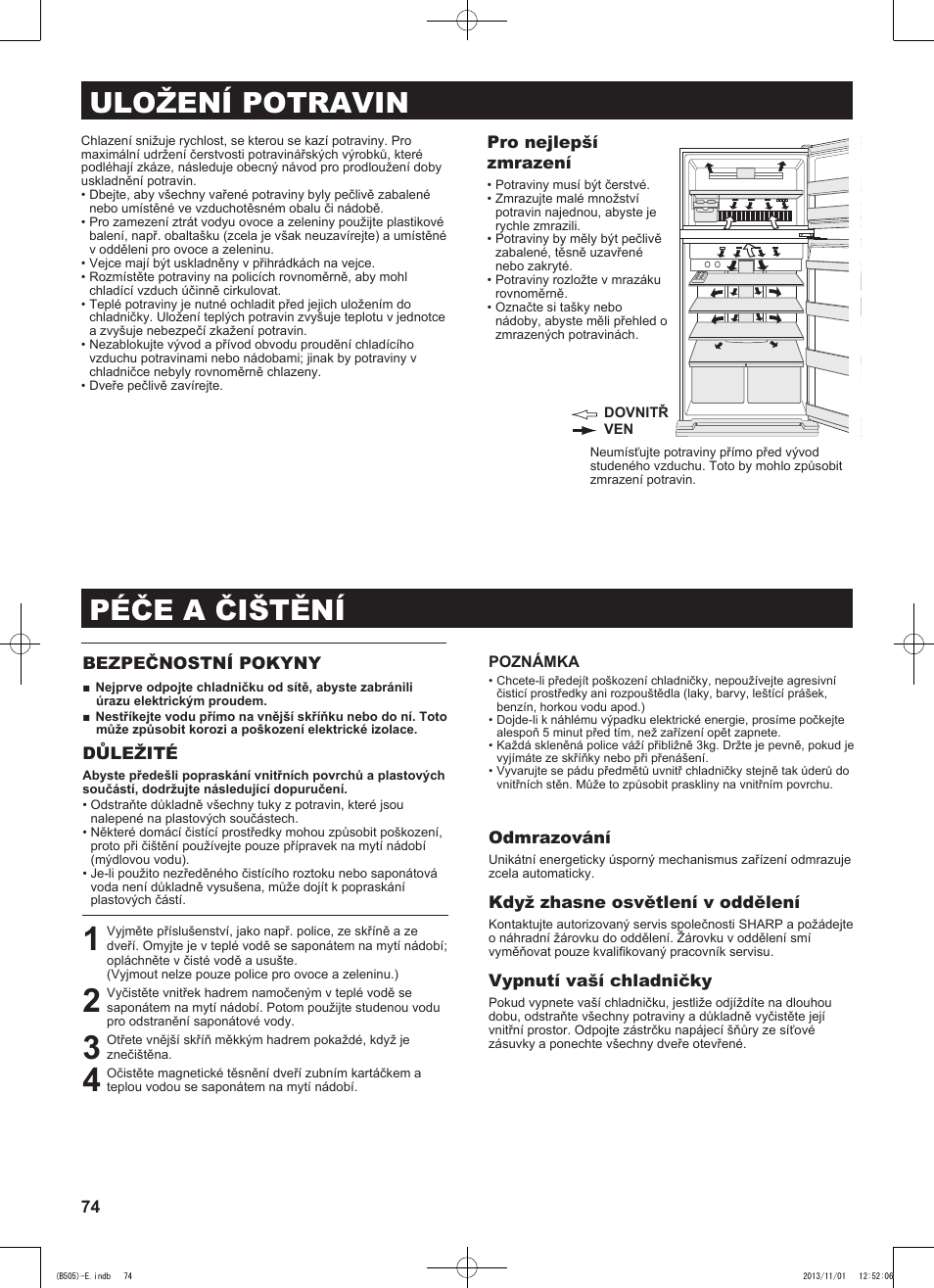 Uložení potravin, Péče a čištění | Sharp SJ-SC700VSL User Manual | Page 74 / 124