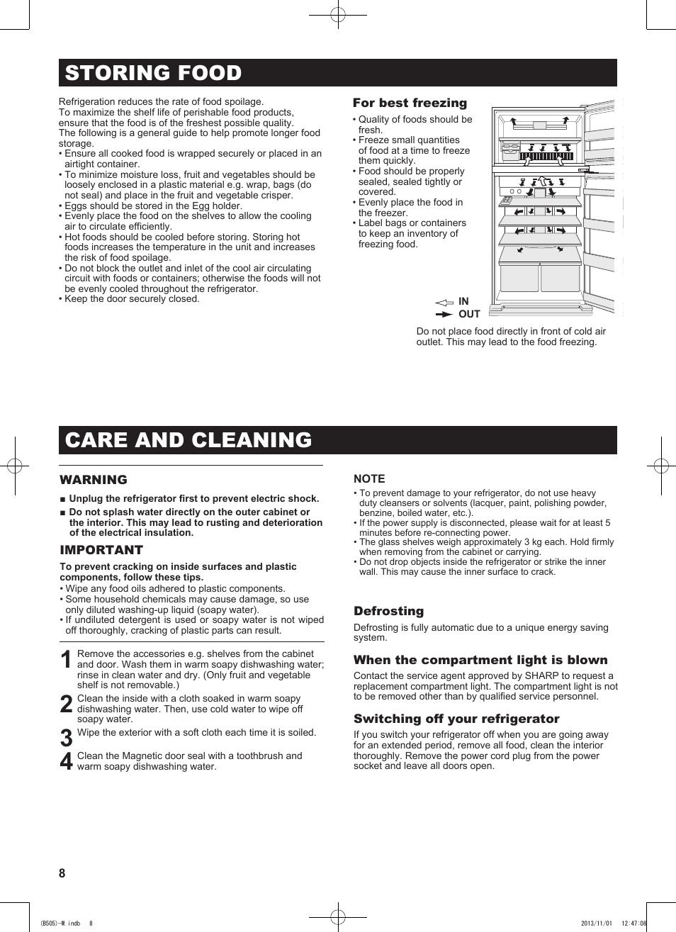 Storing food, Care and cleaning | Sharp SJ-SC700VSL User Manual | Page 8 / 124